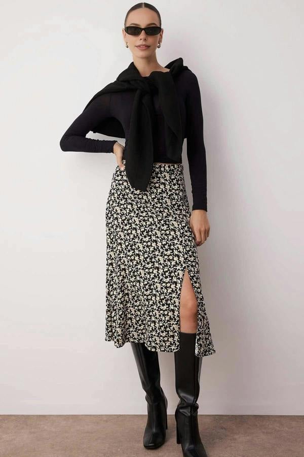 WOVCOR Floral Print Midi Woven Skirt with Slit Detail