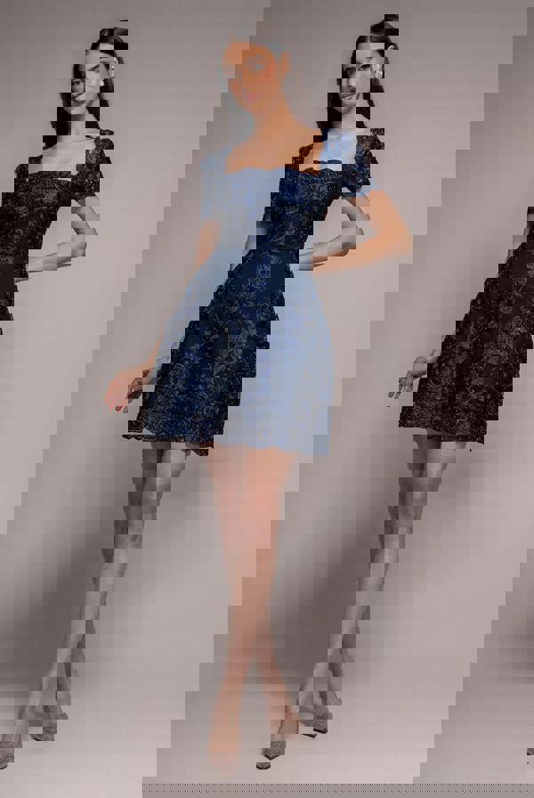 Scallop Edge Corset Back Structured Lace Mini Dress - Navy Blue DR4966