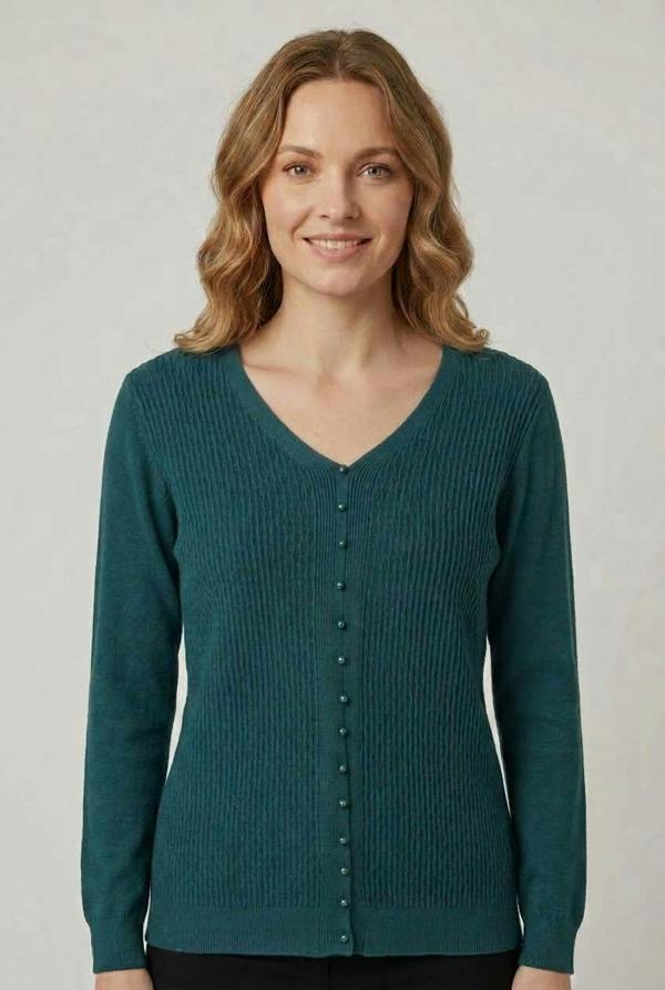 Teal | Textured Pearl Detail V-Neck Knit Top