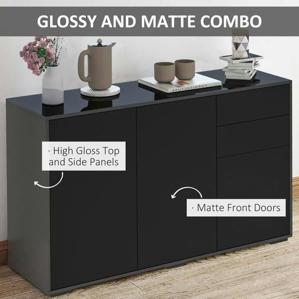 Black cabinet with glossy top and matte front doors, two doors and two drawers