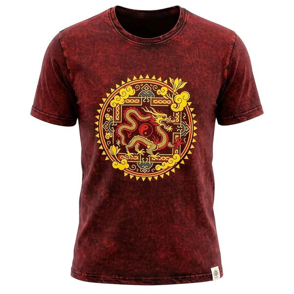 Maroon crew-neck cotton t-shirt with large yellow dragon mandala front graphic