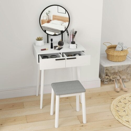 Wyld Haus Comika White Dressing Table And Stool Set With Round Mirror 2 Drawers 60 x 40 x 123cm