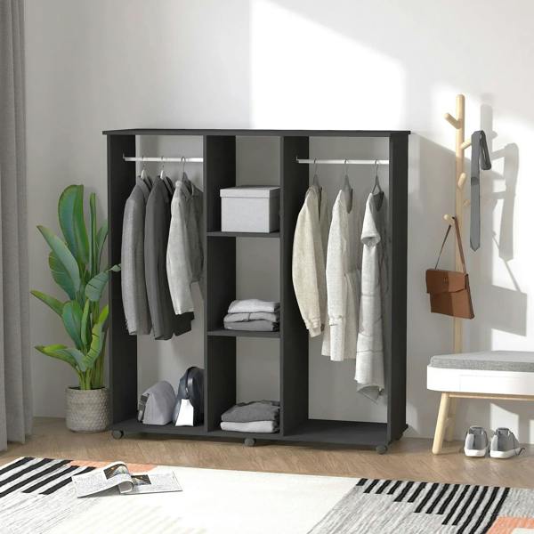 Black open double wardrobe cabinet with hanging rails, shelves, and rolling wheel base