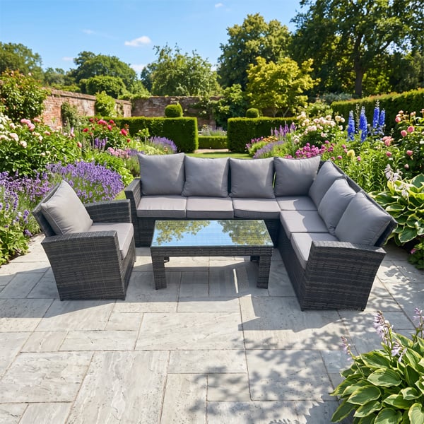 Fimous 7 Seat Rattan Garden Furniture Corner Sofa Set Outdoor Patio Sofa Chair Table Set with Cushions Dark Grey Mixed