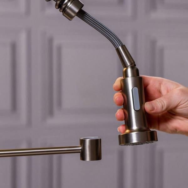 Flode Fjädra | Pull Out Kitchen Sink Mixer Tap | Spring Style Mixer Tap | Brushed Steel | Round Head