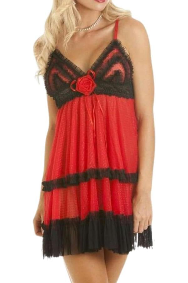 Womens Red And Black Sheer Mesh Babydoll & Thong