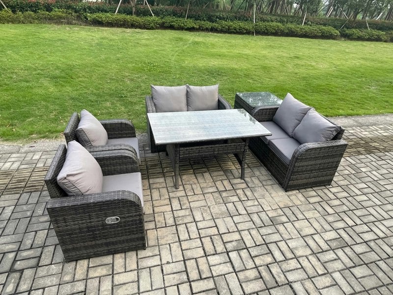 Fimous Rattan Outdoor Furniture Garden Dining Set Rectangular Table and Chair Sofa Set With Side Table Dark Grey Mixed