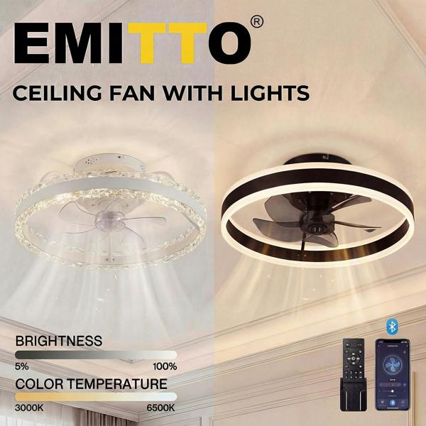 Emitto Ceiling Fan Light Modern LED Flush Mount Lamp 6 Speed Lamp Black White