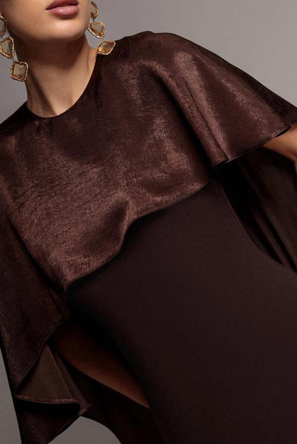 Goddiva Scoop Neck Velvet Satin Cape Sleeve Maxi Dress - Brown DR5074