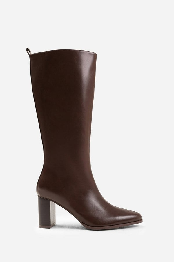 Where's That From Elder Block Heel Knee High Boots With Side Zip in Dark Brown Faux Leather