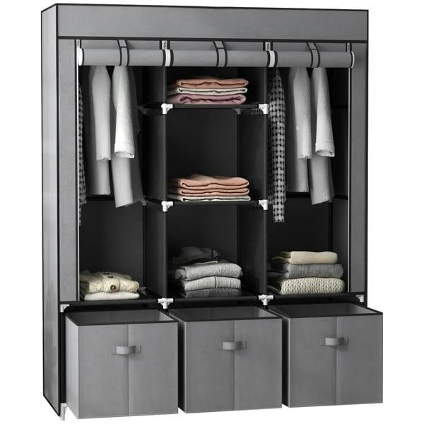 Dark grey fabric wardrobe with hanging rail, five shelves, and three fabric drawers