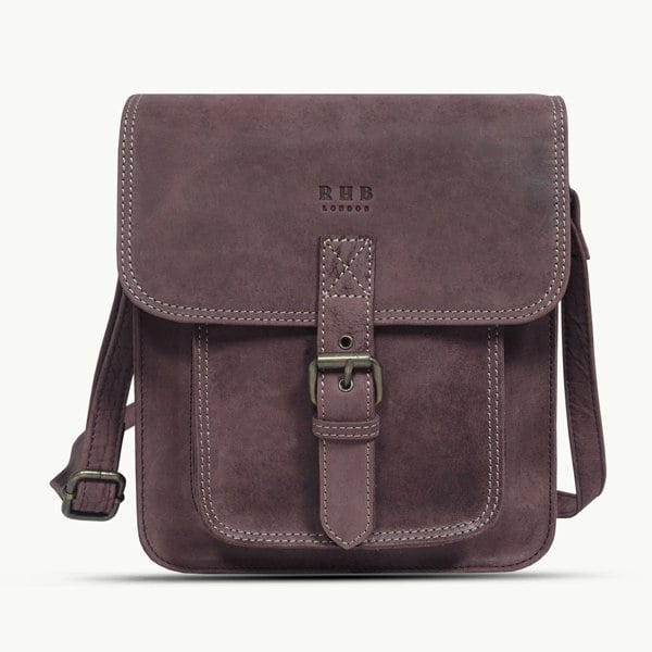 Real Hide Bags 'CAROLYN' Plum Distressed  Real Leather iPad Tablet Crossbody Bag