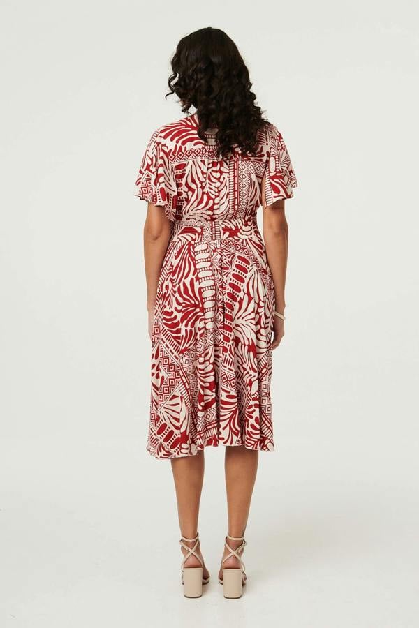 Red | Abstract Print Angel Sleeve Midi Dress