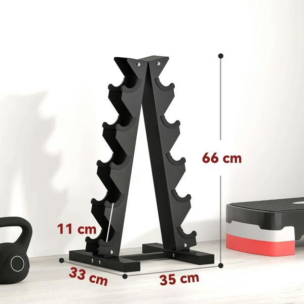 Black five-tier dumbbell stand on wide base with five cradle holders.