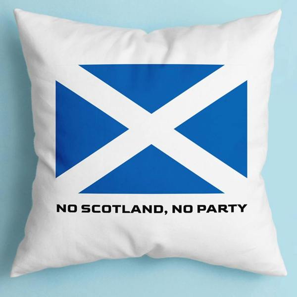 A square white cushion cover featuring a printed national flag and a personalised custom message against a pastel blue background.