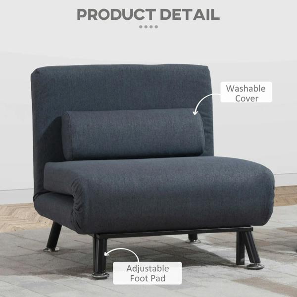 Dark grey convertible sleeper chair with washable cover and adjustable foot pads