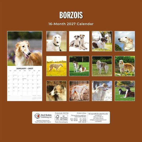 Borzois Calendar 2027, Wall Calendars, Month To View, Dogs, Gift