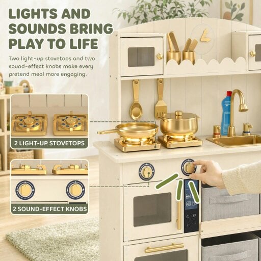 AIYAPLAY Kids Play Kitchen with Lights & Sounds, 4 Fabric Drawers, Cream