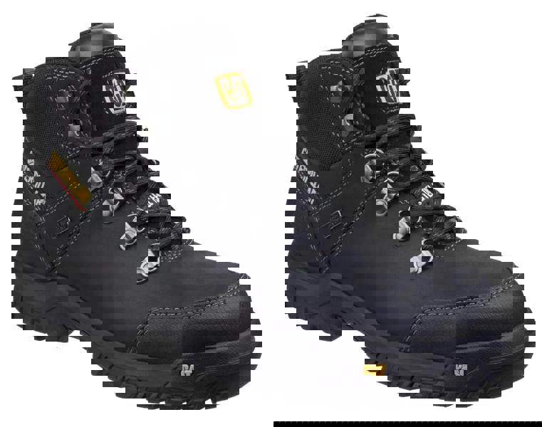 Caterpillar Framework Men's Steel Toe/Composite Midsole S3 Work Safety Boots, black leather work boots with metal eyelets, padded ankle support, durable tread sole, and CAT branding.