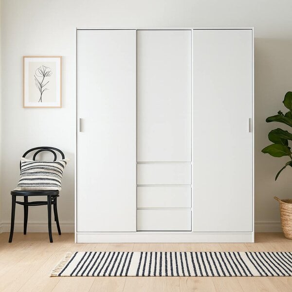 Wyld Haus Budapest White Wooden Wardrobe 3 Doors 3 Drawers