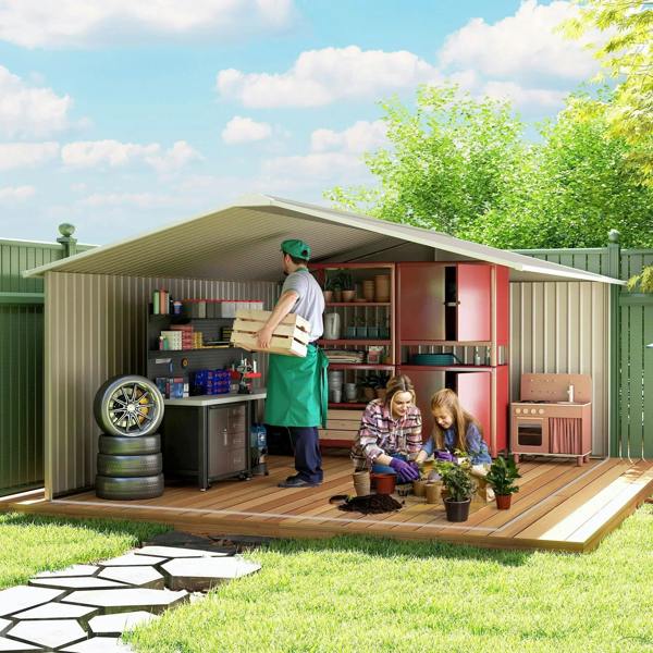 Light grey metal garden shed with open doors revealing storage shelves