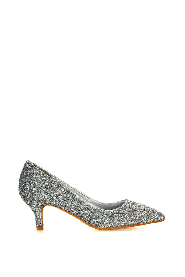 XY LONDON Pointed Toe Mid Stiletto Kitten Heel Court Shoes - Silver