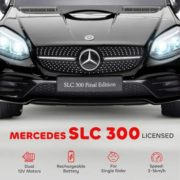 Front view of black kids electric ride-on car with LED headlights and Mercedes-style grille