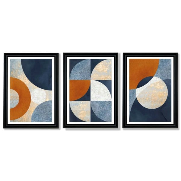 Artze Wall Art Abstract GEOMETRIC Set of 3 Navy Blue Orange and Gold Framed Art Prints
