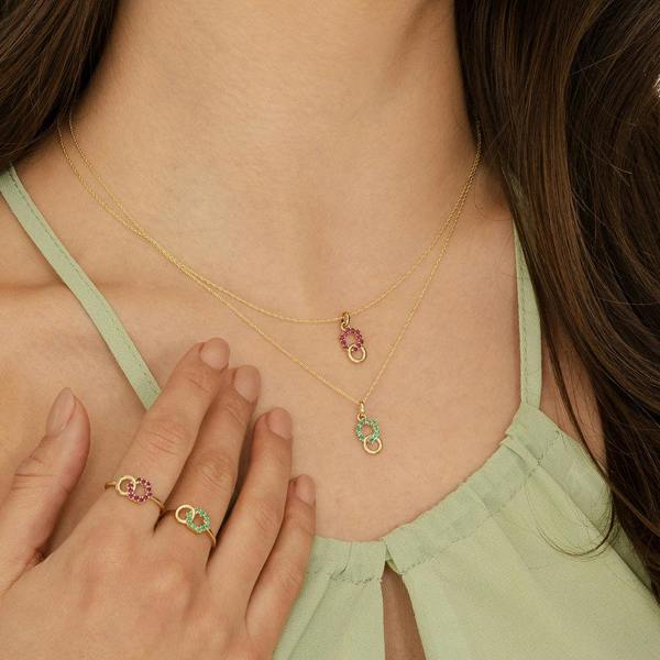 Gemondo Geometric Hexagon and Round Linked with Prong set Emerald Pendant in 9ct Yellow Gold