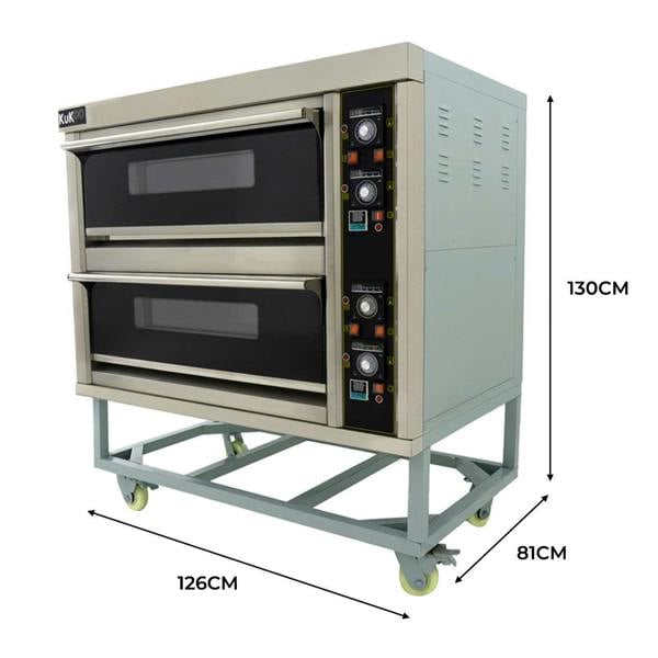 KuKoo large commercial pizza oven with two black glass doors, stainless steel finish, and adjustable temperature controls on the side