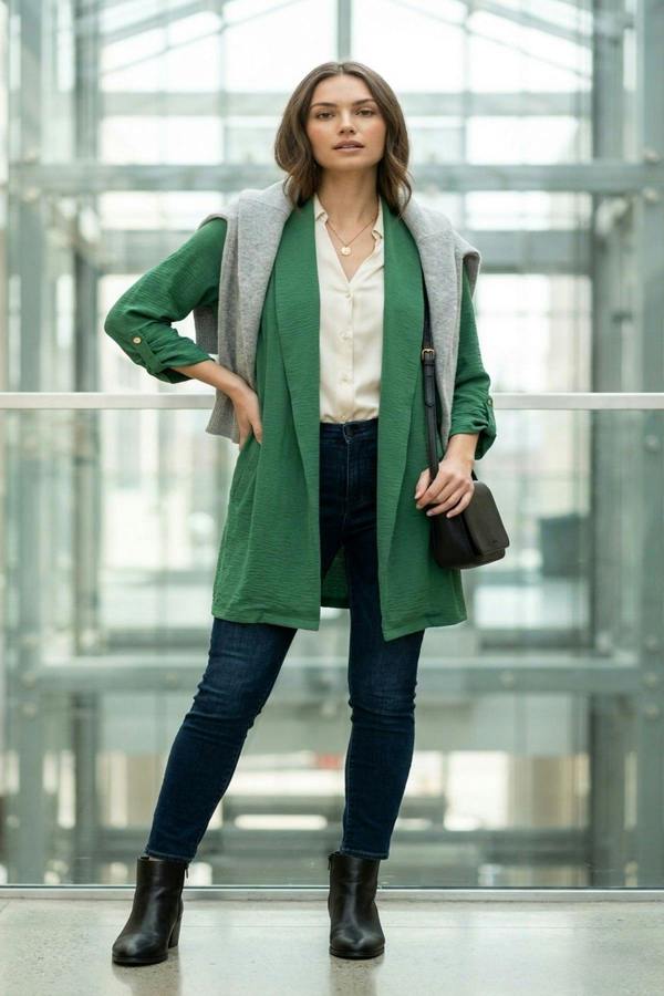 Vivian Open Front Roll Up Sleeve Cardigan - Green