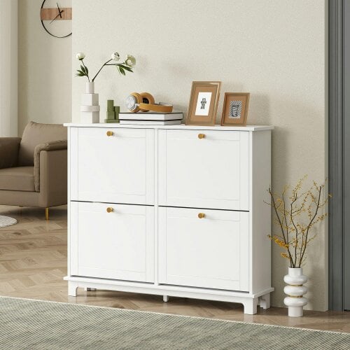 Wyld Haus Zisuka Wooden White Slim Shoe Cupboard With 4 Flip Drawers For 16 Pairs
