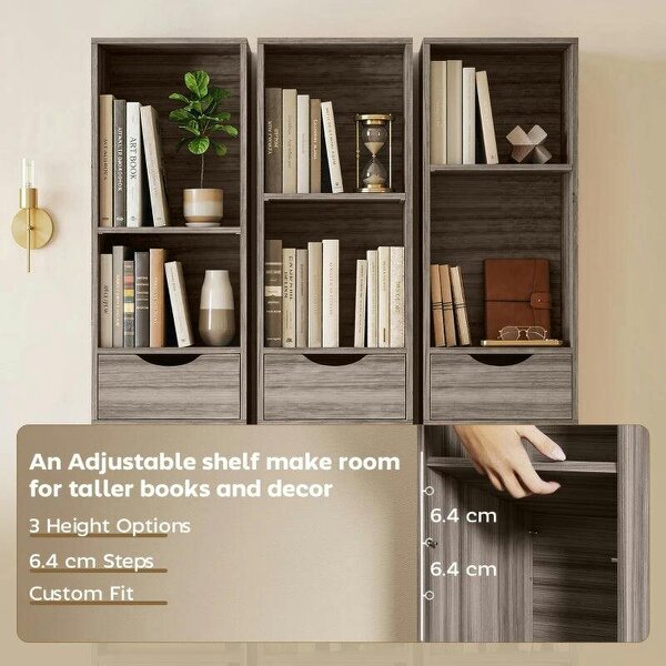 Bookcase with Drawers Adjustable Shelf Bookshelf with 2 Drawers and Cabinet 158 cm Grey