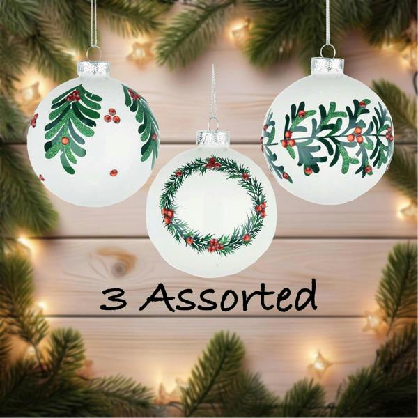 8cm Christmas Glass Baubles, 12 Pack White Hanging Tree Ornaments with Assorted Designs image 4