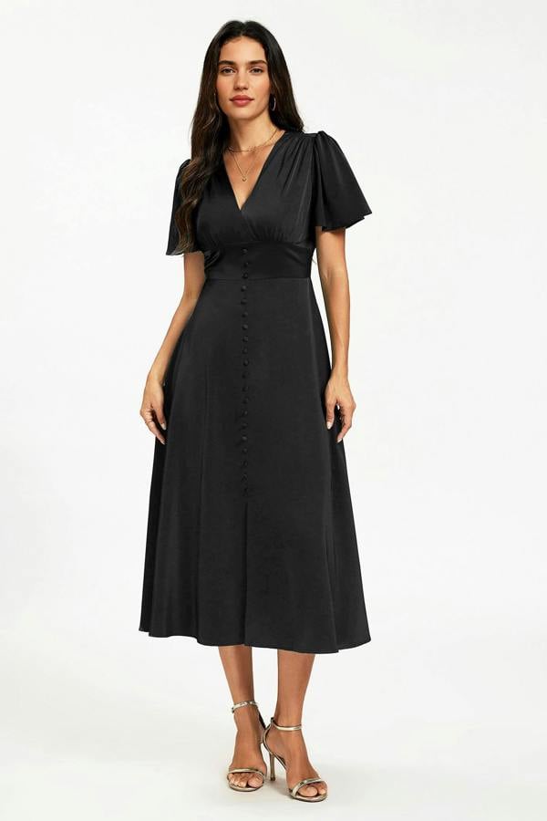 FS Collection Satin V neckline Button Detail Dress In Black