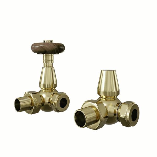 Flode Traditional Style Corner Wood Effect Head TRV & Lockshield | 15mm x 1/2" | Brushed Brass