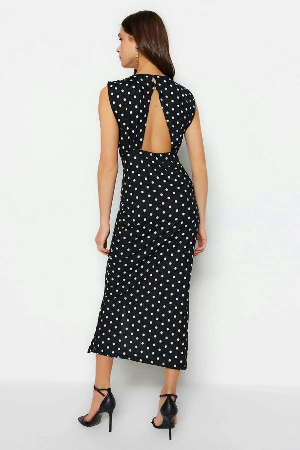 Polka Dot Open Back Slit Detail Maxi Bodycon Dress