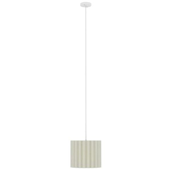 White linen pendant light with cylindrical ribbed shade and ceiling cord