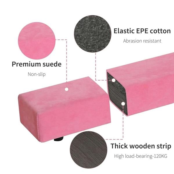Pink padded balance beam with non-slip suede top, thick wooden support strip