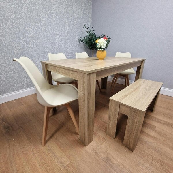Kosy Koala Oak Effect Dining Table Set With 4 Cream Plastic Chairs And Bench Dining Room Furniture