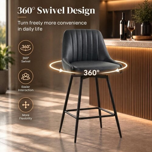 HOMCOM Vintage Bar Stools Set of 2, PU Leather, Footrest, Dark Grey