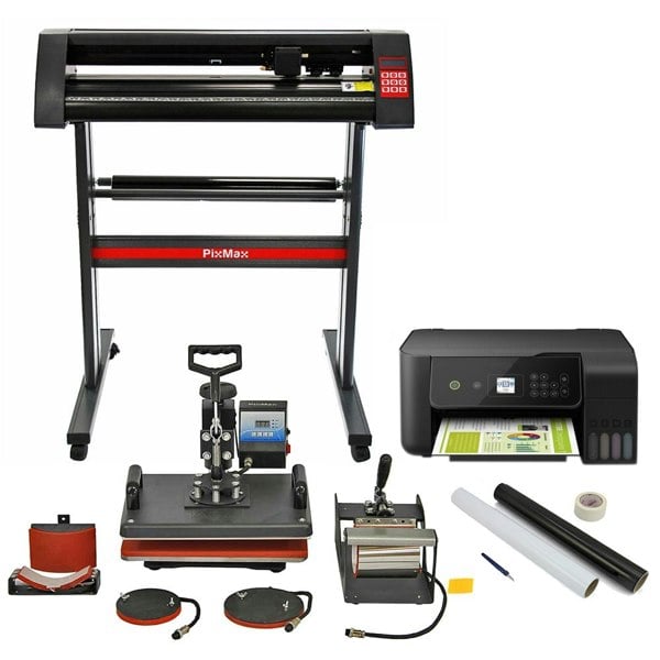 PixMax 5 in 1 heat press and vinyl cutter set featuring a sleek black design, various tools, and vibrant accessories for crafting
