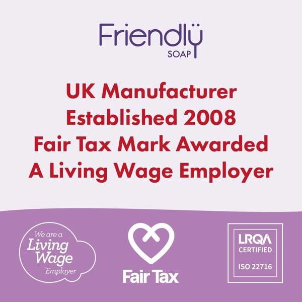 A promotional graphic for Friendly Soap featuring purple and red text on a light lavender background, with badges for Living Wage Employer, Fair Tax, and LRQA Certified at the bottom.