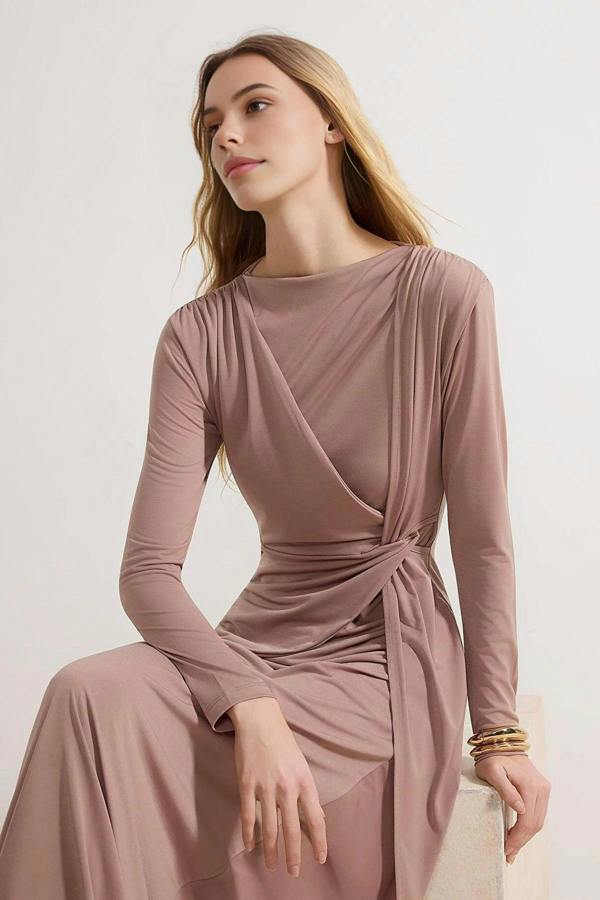 WOVCOR Unlined Plain Knit Dress with Waist Detail