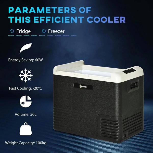 Portable cooler box with black textured sides and white lid edge, front-left view