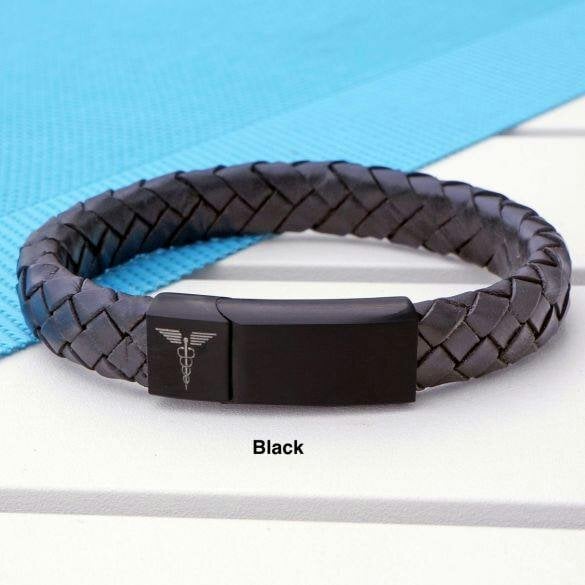 Christopher James of London Unisex Leather and Stainless Steel Medic Bracelet with Free Engraving - Black