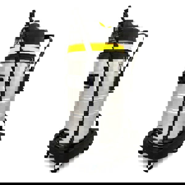 MAXBLAST 50L Industrial Vacuum Cleaner with a stainless steel body, yellow accents, flexible hose, and sturdy wheels for easy mobility