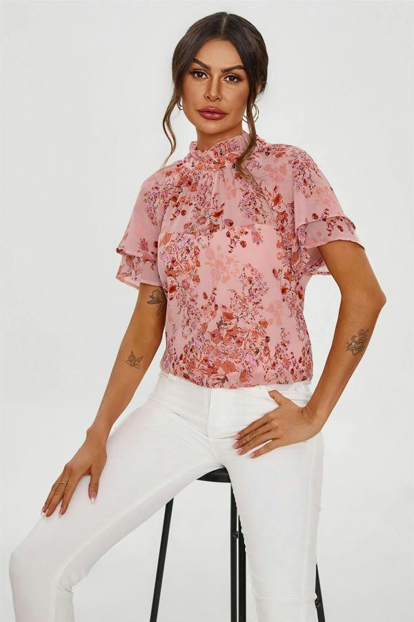 FS Collection Floral Print Frill Hem Sleeve High Neck Blouse Top In Pink