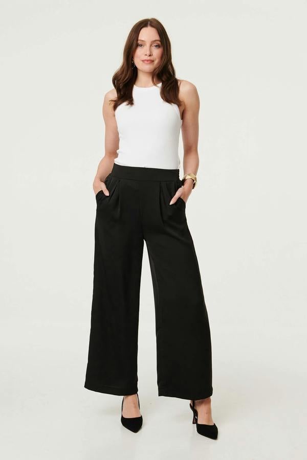 Black | High Waist Wide Leg Pleat Front Trousers
