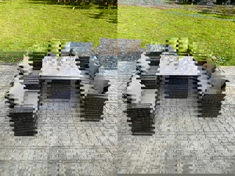Fimous Rattan Garden Furniture Sets Patio Outdoor Rising Lifting Table Sofa Set with Double Seat Sofa 2 Side Tables Dark Grey Mixed